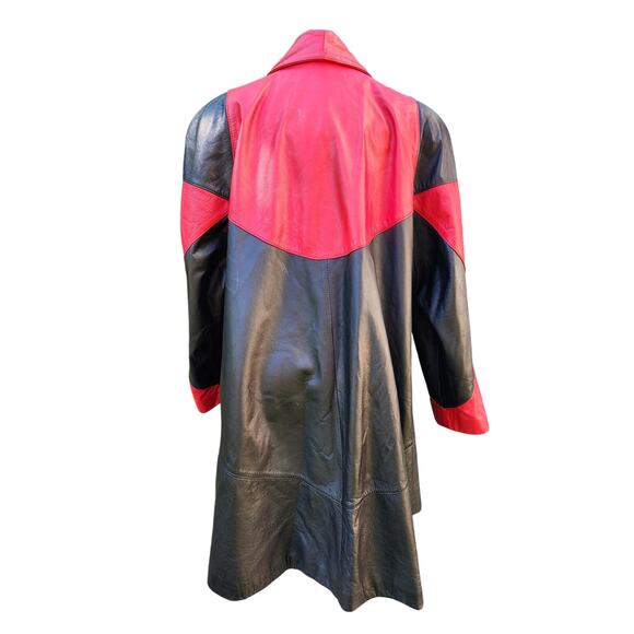 Vtg 80s David Benjamin Long Red Black Geometric Leather Funky Abstract Coat Sz S - Picture 4 of 9